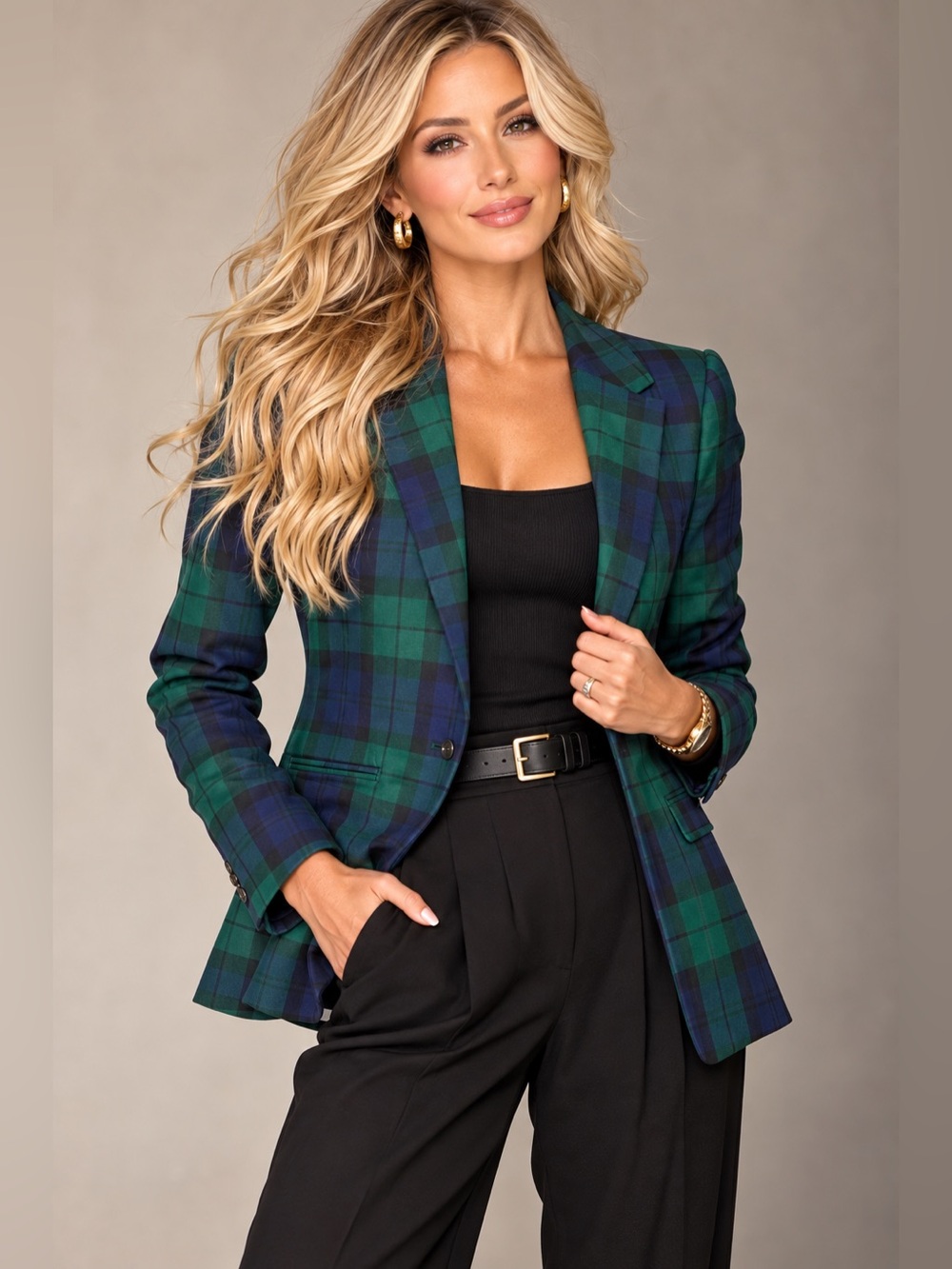 J.Crew Women’s Size 6 Black Watch Tartan Plaid One-Button Blazer Green Navy